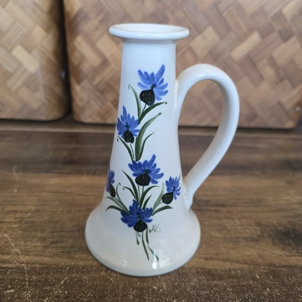 Tallberg Keramuk Vase Hand Painted Floral Blue Flowers Handle Vintage 5.5 x 3.25